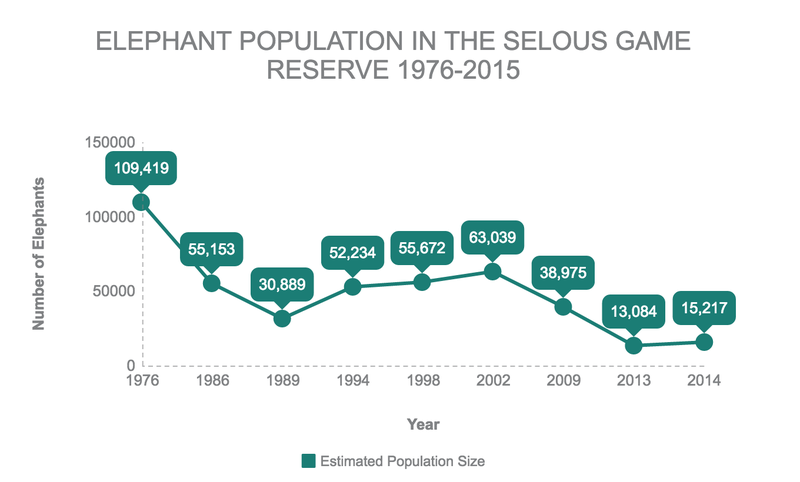 The Selous Game Reserve in southern Tanzania was once home to some of the largest populations of elephants in Africa. Today’s population is just a fraction of what it once was, however, because of anti-poaching efforts, the numbers are stabilizing. Data collected from the Tanzania Wildlife Research Institute (TAWIRI). Willy Lowry and Sophie Tremblay